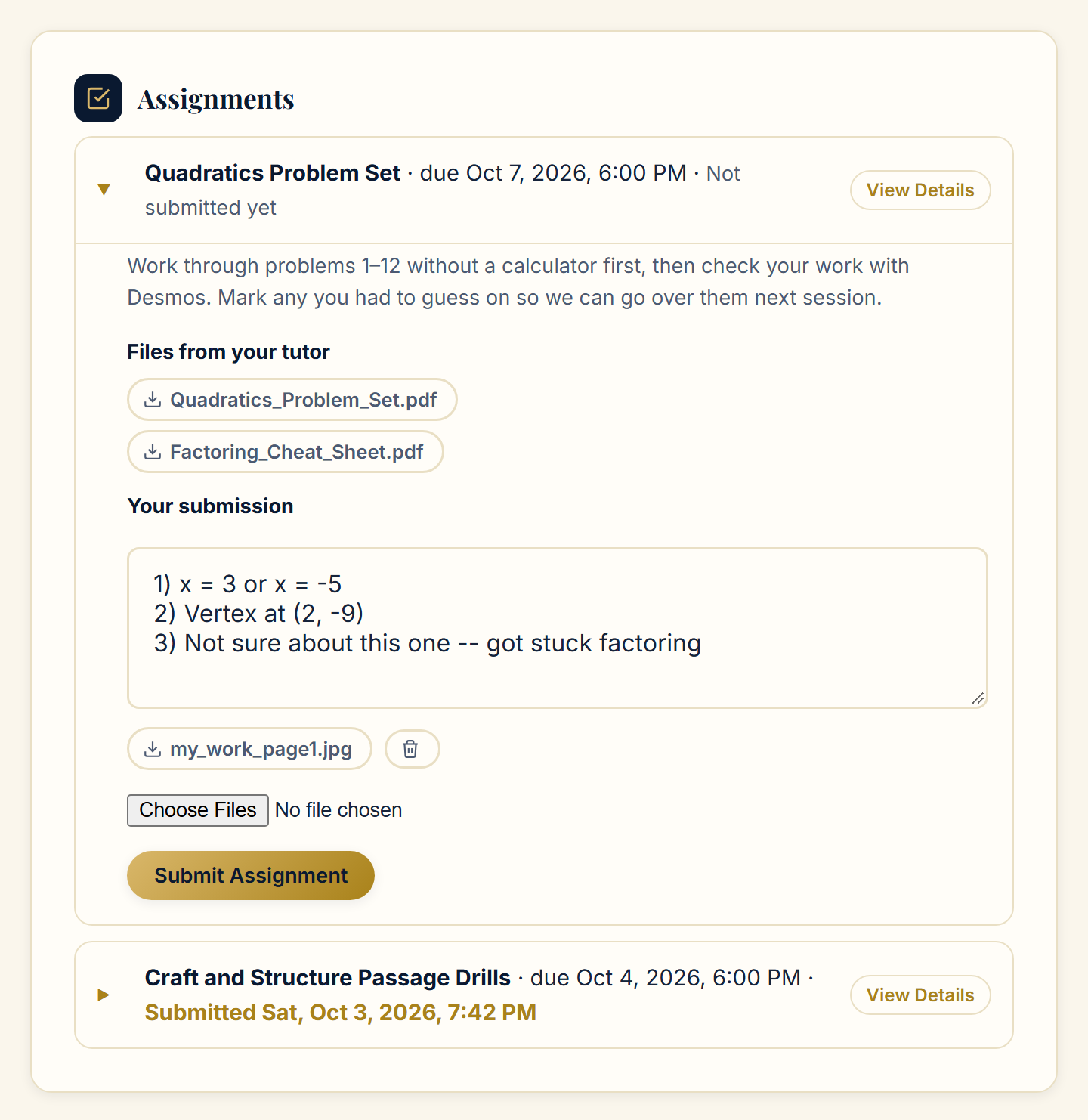 Assignments card with an open assignment showing instructions, files from the tutor, a typed answer, an uploaded file, and a Submit Assignment button