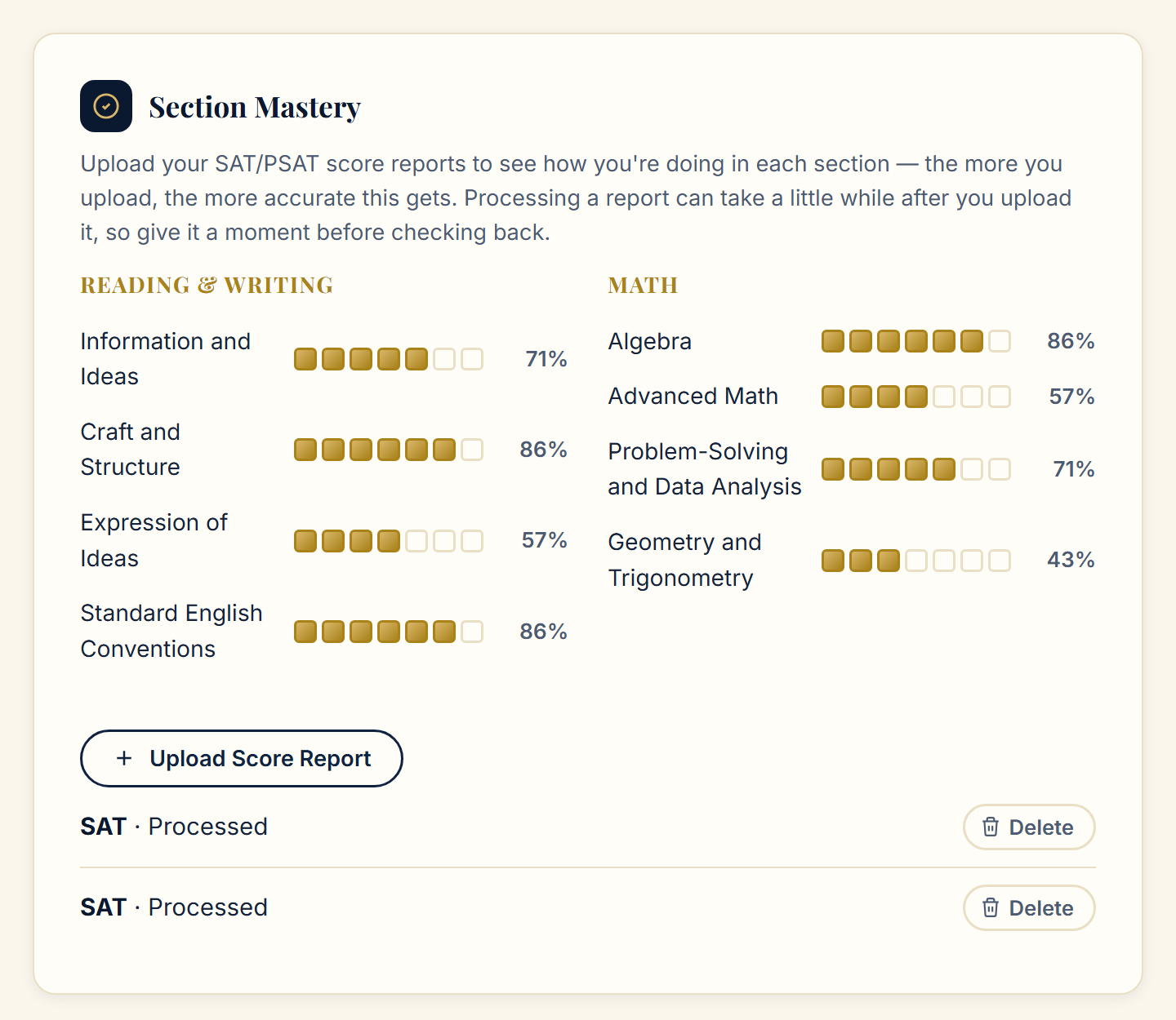 Section Mastery card with a 7-box meter and percentage for each SAT Reading and Writing and Math domain