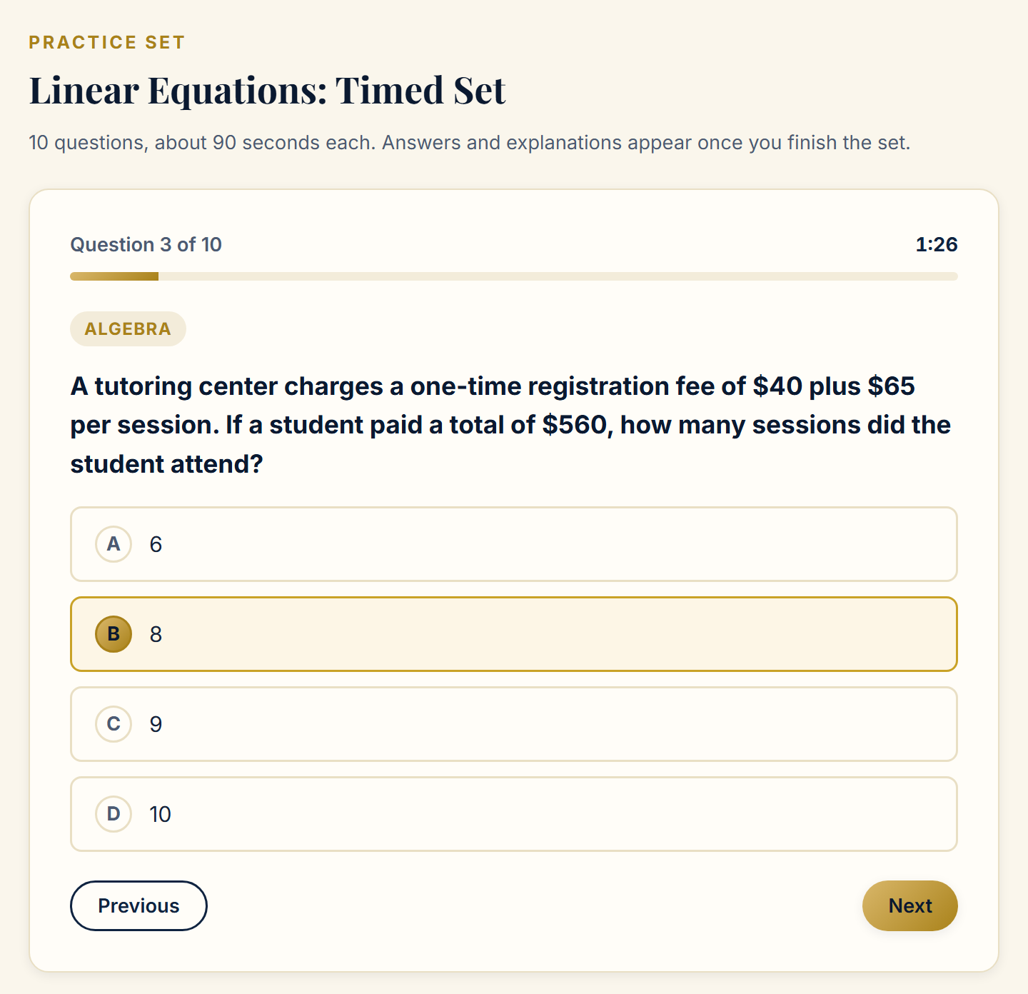 A timed practice set on question 3 of 10, showing a multiple-choice algebra question with a countdown timer and progress bar