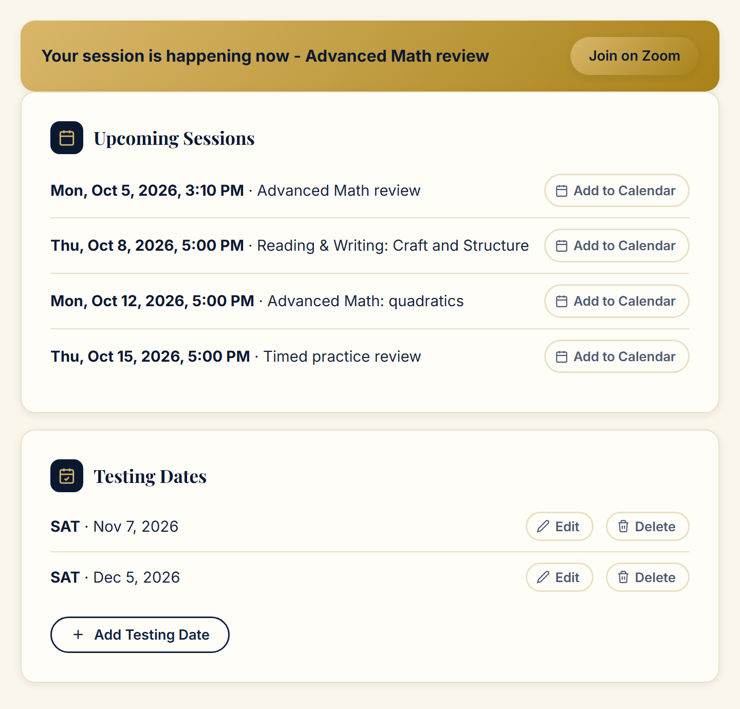 Dashboard with a Join on Zoom banner for a session in progress, a list of upcoming sessions with Add to Calendar buttons, and upcoming SAT test dates